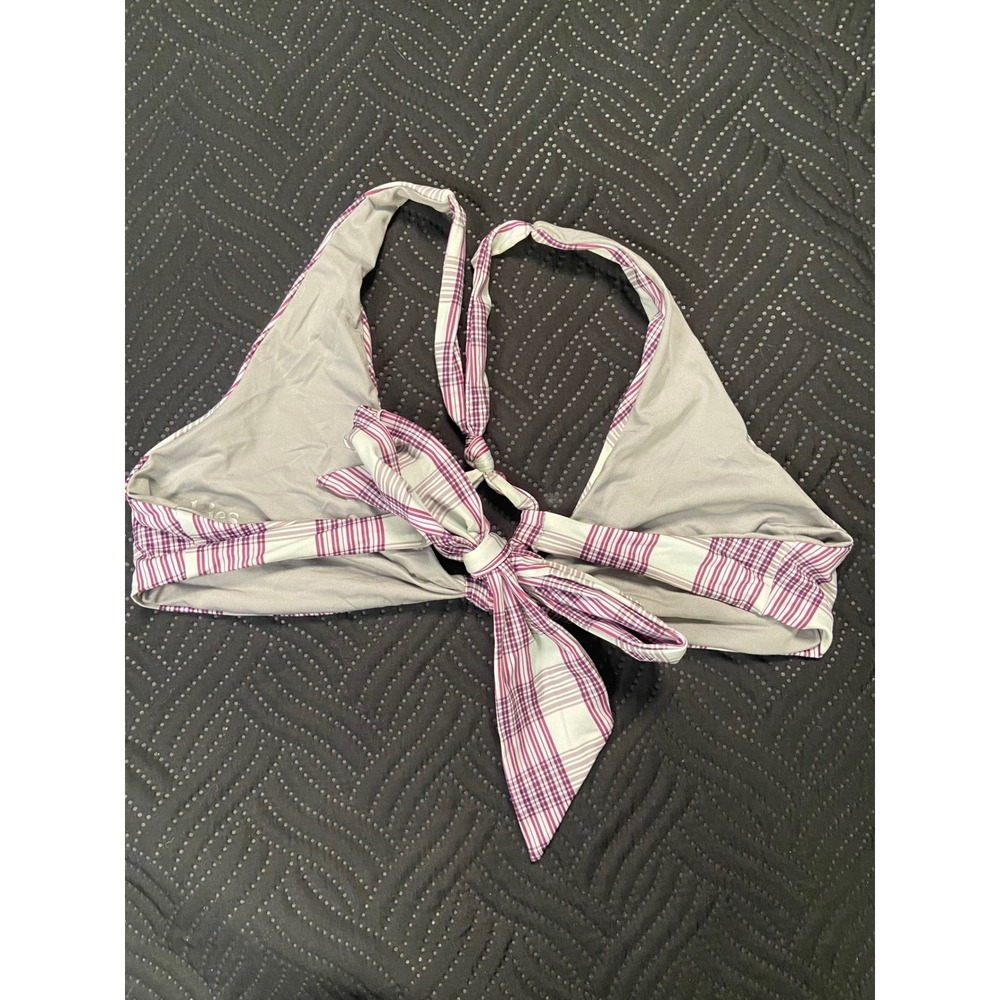 Frankies Bikinis Womens Purple White Plaid Front Knot Tie Back Bikini Top Large - Picture 2 of 3